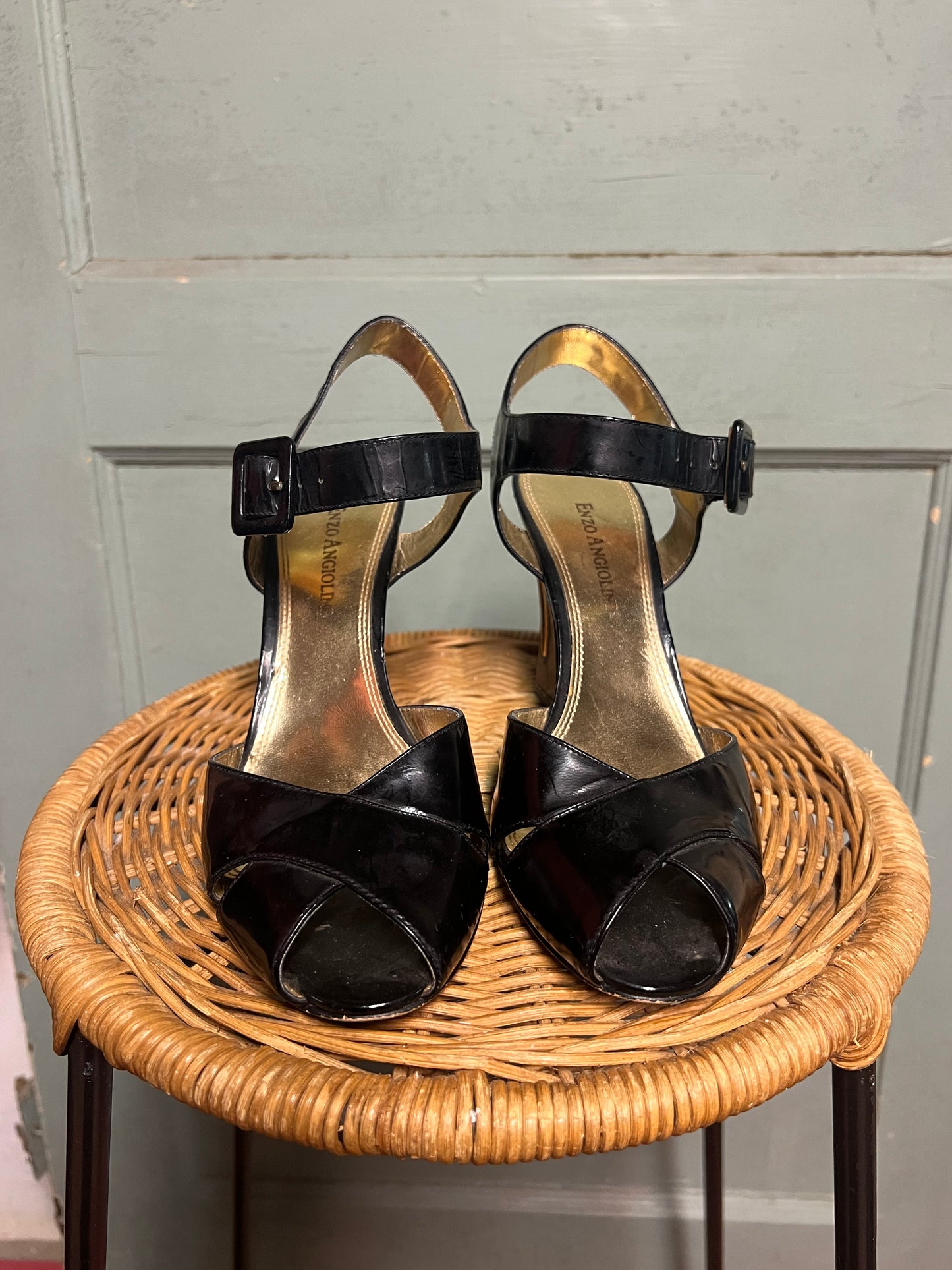Black Patent Leather Vintage Peep Toe Wedges