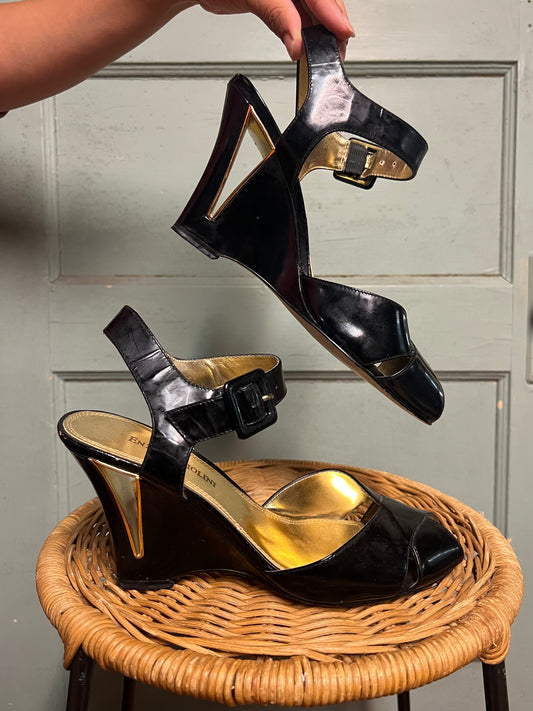 Black Patent Leather Vintage Peep Toe Wedges