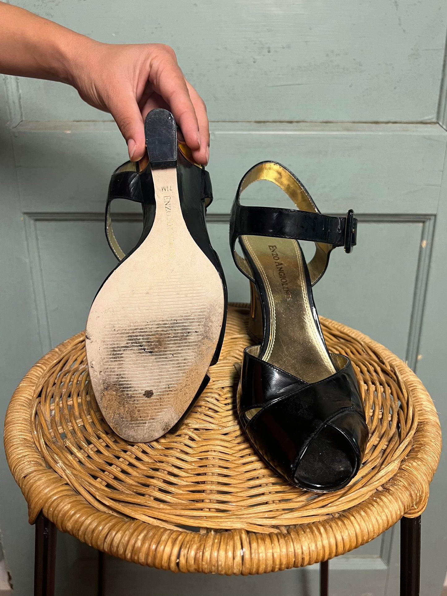 Black Patent Leather Vintage Peep Toe Wedges